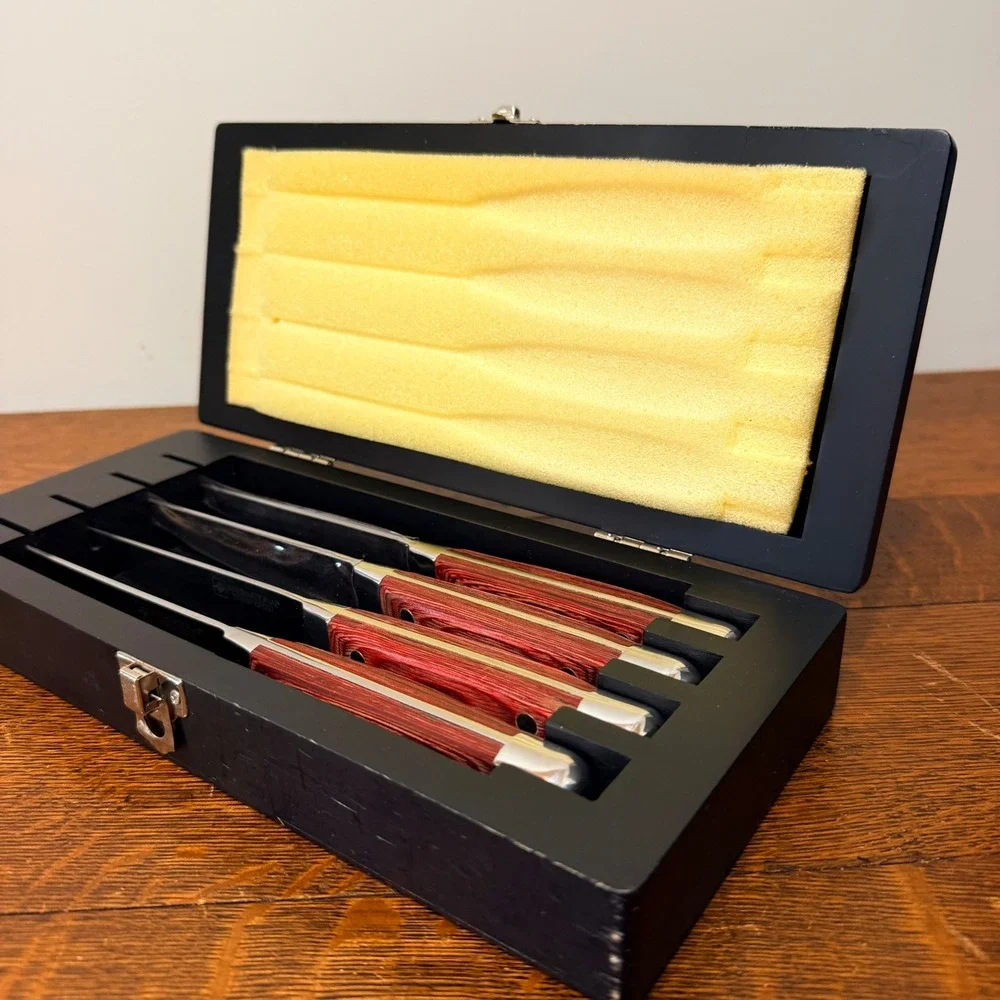 International Supreme Cutlery 4 Piece Steak Knife Set Red Pakkawood Wood Box